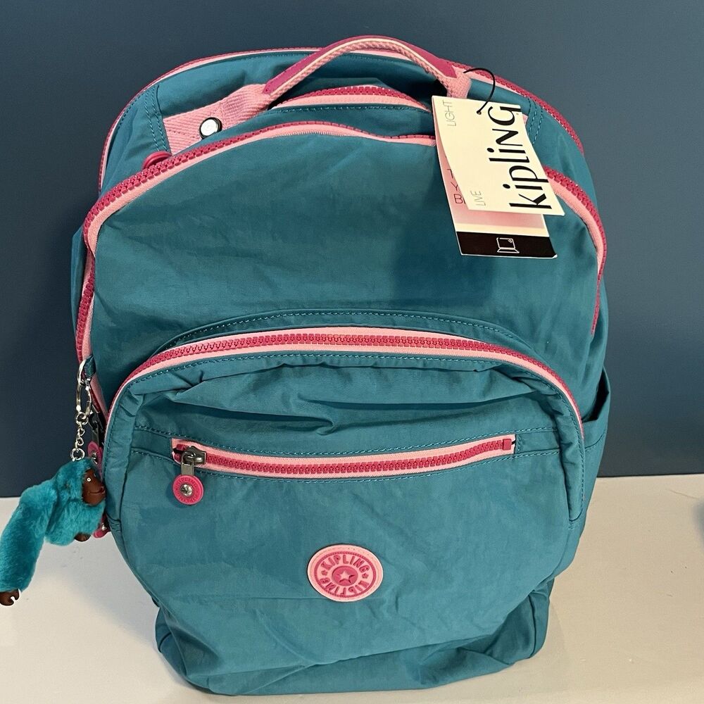 Kipling Seoul Laptop XL Backpack Striking Blue Pink Trim Plush Charm 17” NWT - Picture 3 of 12